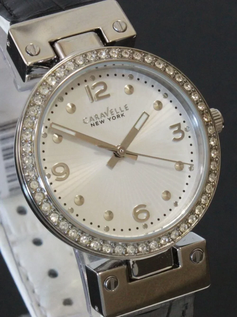 Caravelle Ladies Dress Watch By Bulova Crystal Bezel Reversible Strap 32mm